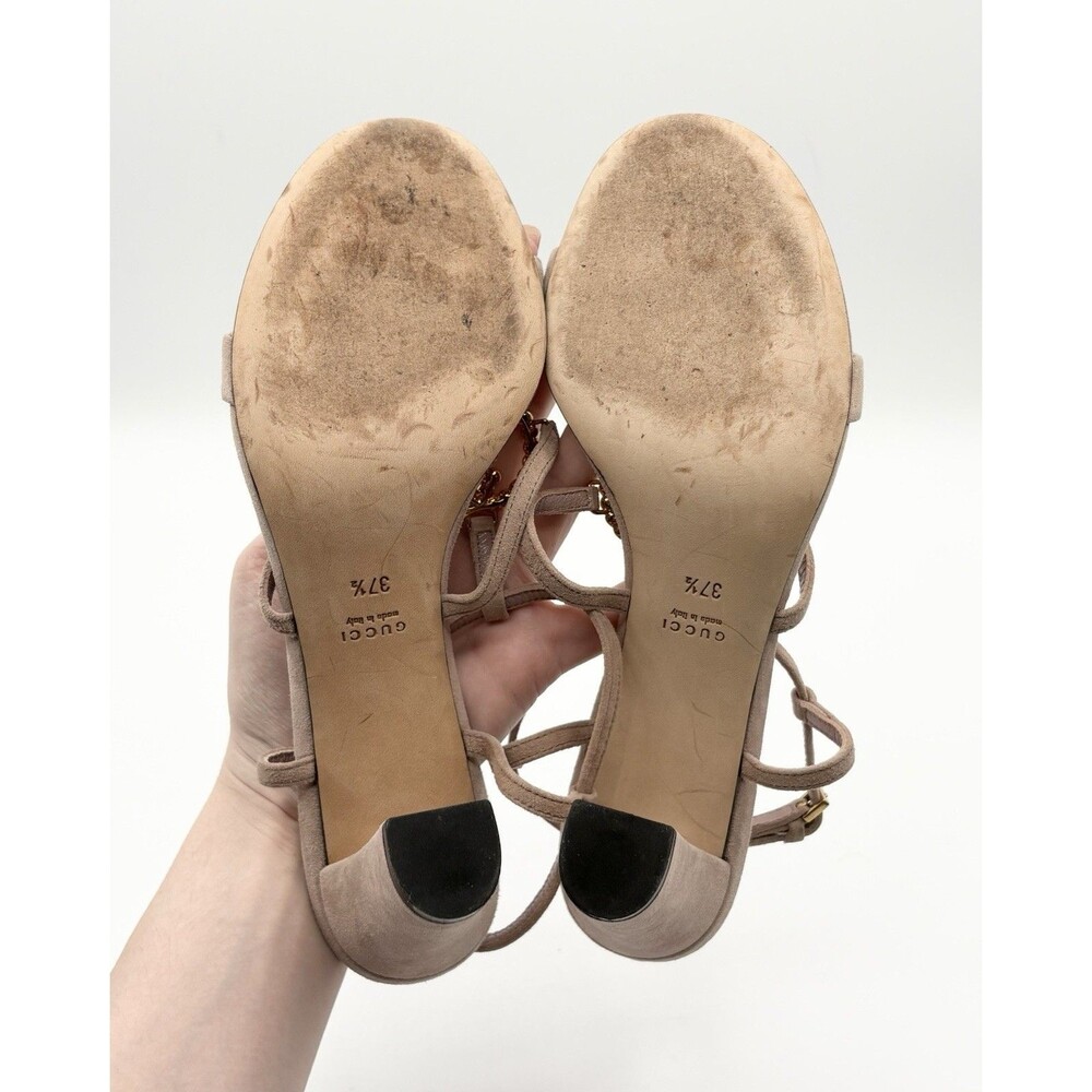 Gucci Nude Pink Suede Block Heels Sandals Rhinestone GG Logo T Strap EU 37.5 - Picture 10 of 11